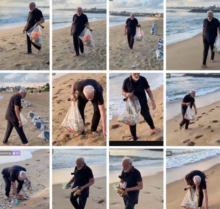 prime minister cleans on the mamallapuram coast