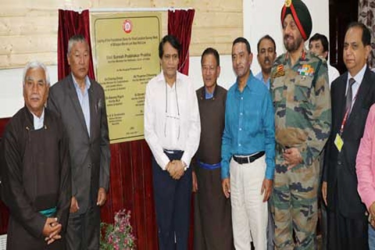 suresh prabhu lays foundation of survey work on bilaspur-manali-leh railway line in leh