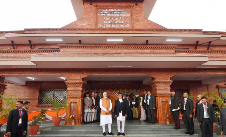 pm narendra modi and k.p. sharma oli at the inauguration of the pashupati nath dharamshala