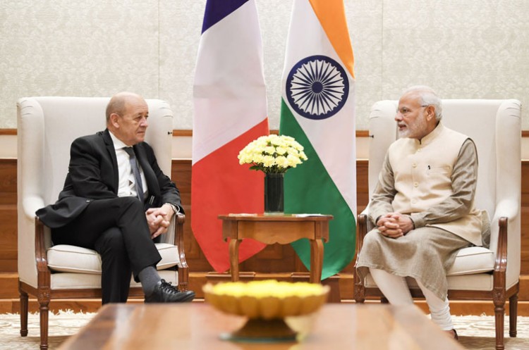 foreign affairs minister of france jean-yves le drian calling on the pm narendra modi